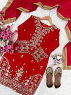 Embroidered Red Georgette Sequence Kurti Sharara With Dupatta For Karwa Chauth & Festive Wear