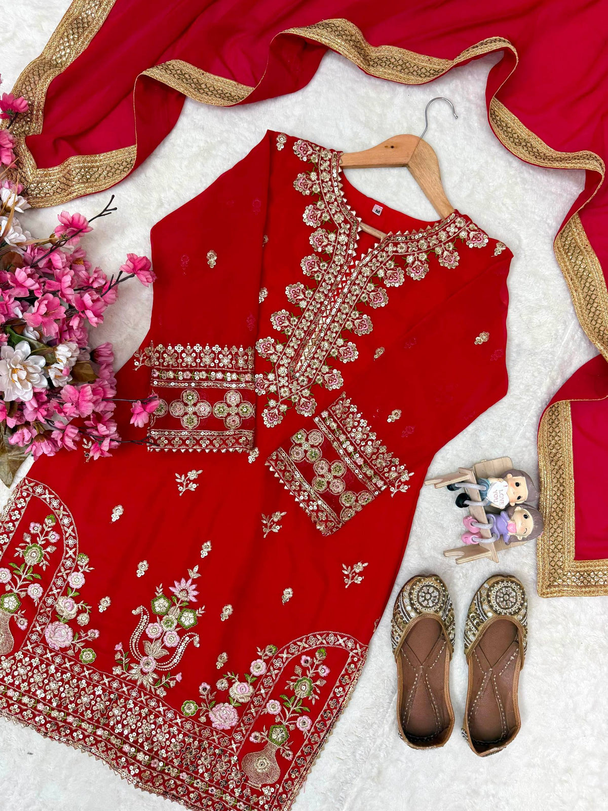 Embroidered Red Georgette Sequence Kurti Sharara With Dupatta For Karwa Chauth & Festive Wear