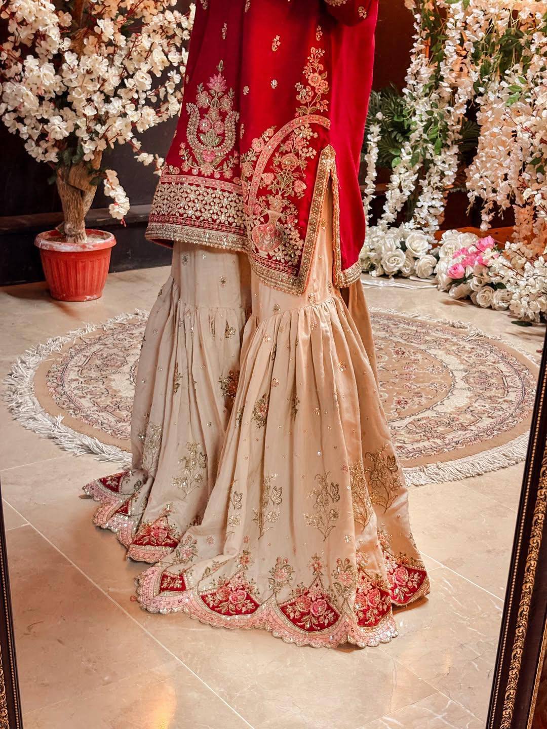 Embroidered Red Georgette Sequence Kurti Sharara With Dupatta For Karwa Chauth & Festive Wear