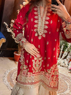 Embroidered Red Georgette Sequence Kurti Sharara With Dupatta For Karwa Chauth & Festive Wear