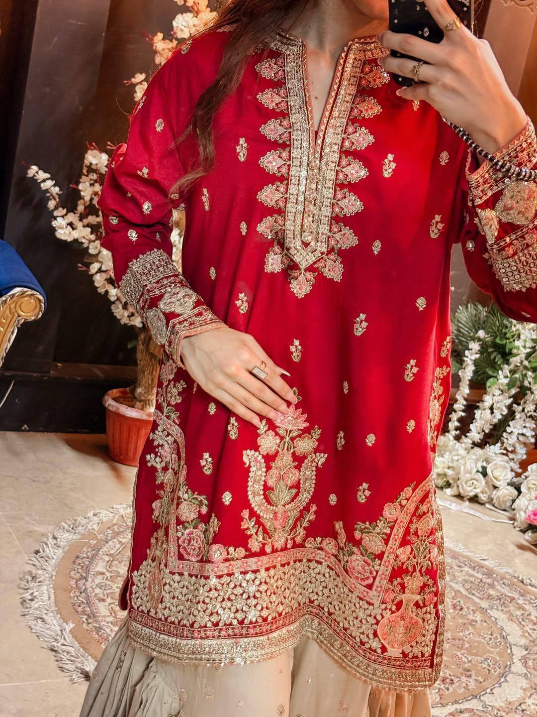 Embroidered Red Georgette Sequence Kurti Sharara With Dupatta For Karwa Chauth & Festive Wear