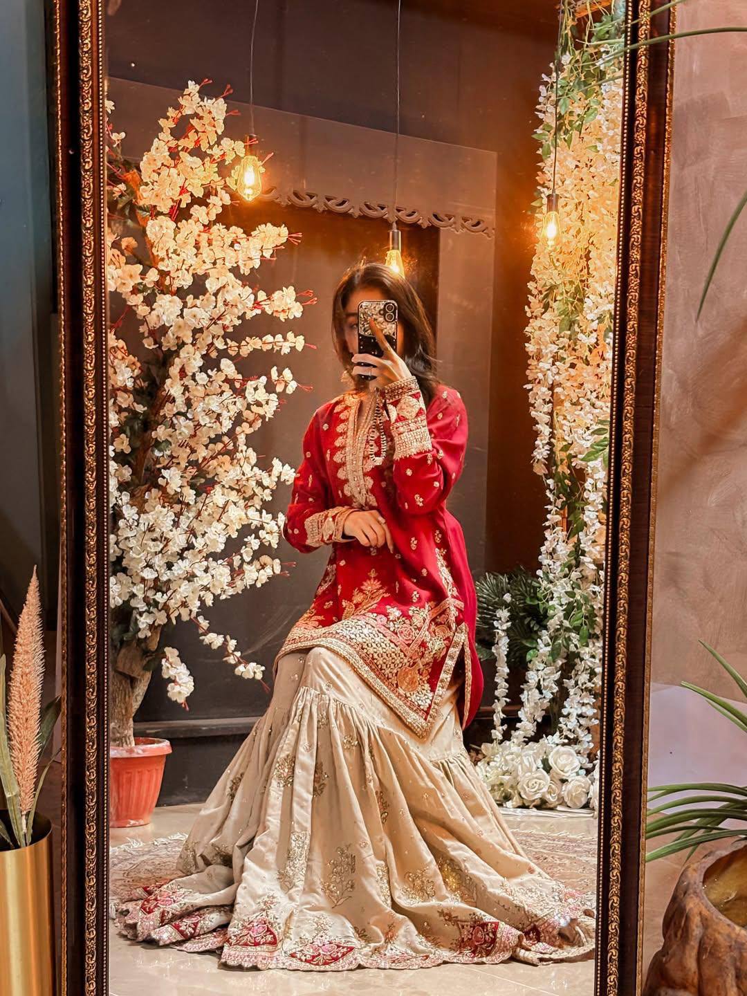 Embroidered Red Georgette Sequence Kurti Sharara With Dupatta For Karwa Chauth & Festive Wear