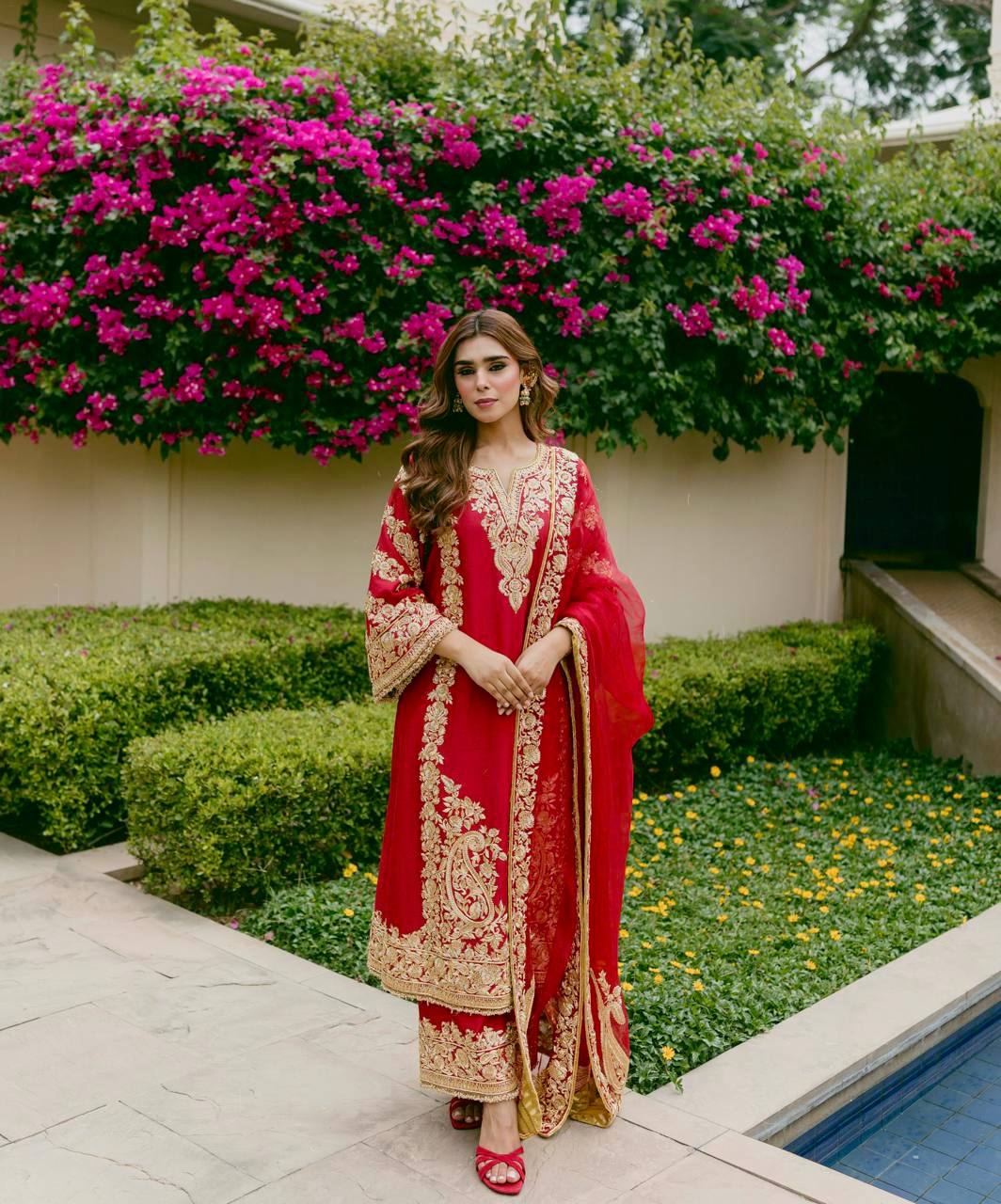 Georgette Red Sequence and Zari Embroidery Work Kurti Palazzo With Dupatta - Festive Wear