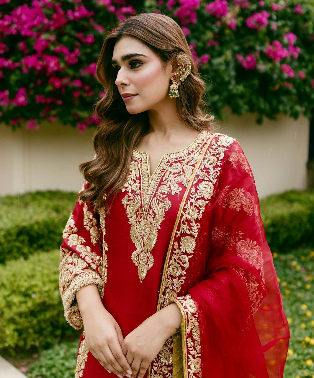 Georgette Red Sequence and Zari Embroidery Work Kurti Palazzo With Dupatta - Festive Wear