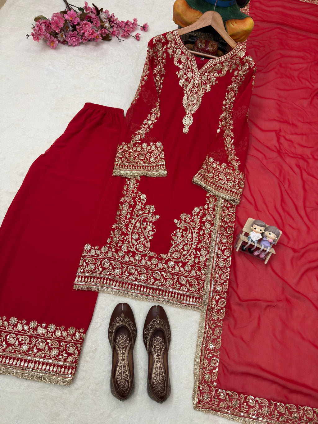 Georgette Red Sequence and Zari Embroidery Work Kurti Palazzo With Dupatta - Festive Wear