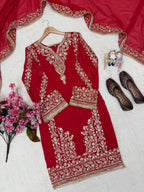 Georgette Red Sequence and Zari Embroidery Work Kurti Palazzo With Dupatta - Festive Wear