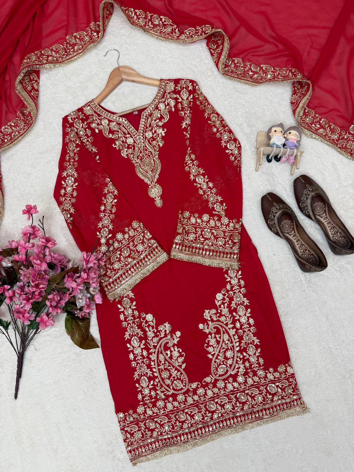 Georgette Red Sequence and Zari Embroidery Work Kurti Palazzo With Dupatta - Festive Wear