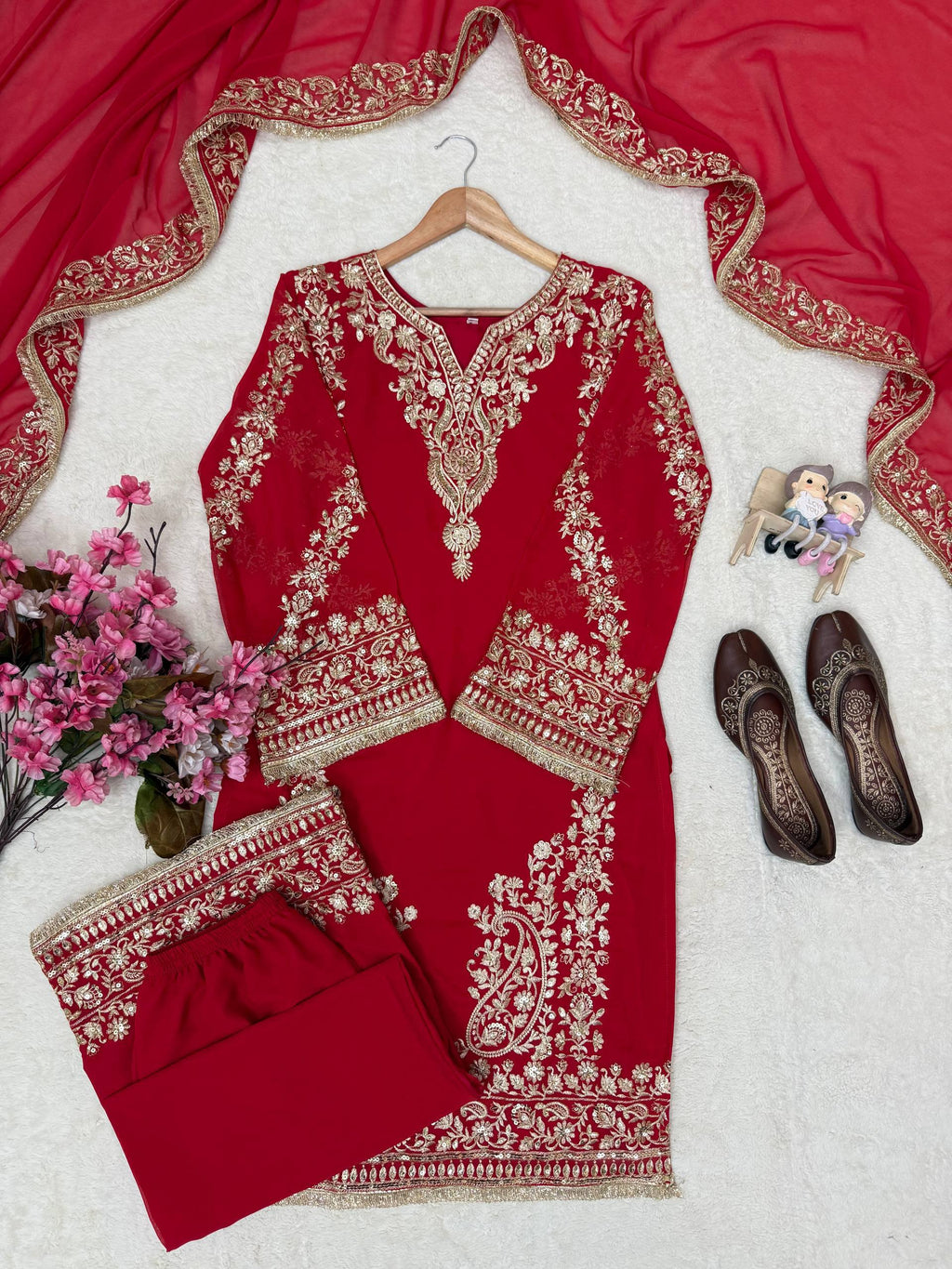 Georgette Red Sequence and Zari Embroidery Work Kurti Palazzo With Dupatta - Festive Wear