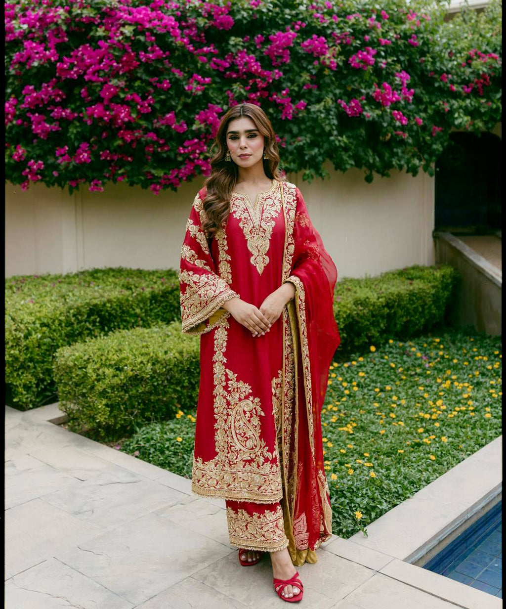 Georgette Red Sequence and Zari Embroidery Work Kurti Palazzo With Dupatta - Festive Wear
