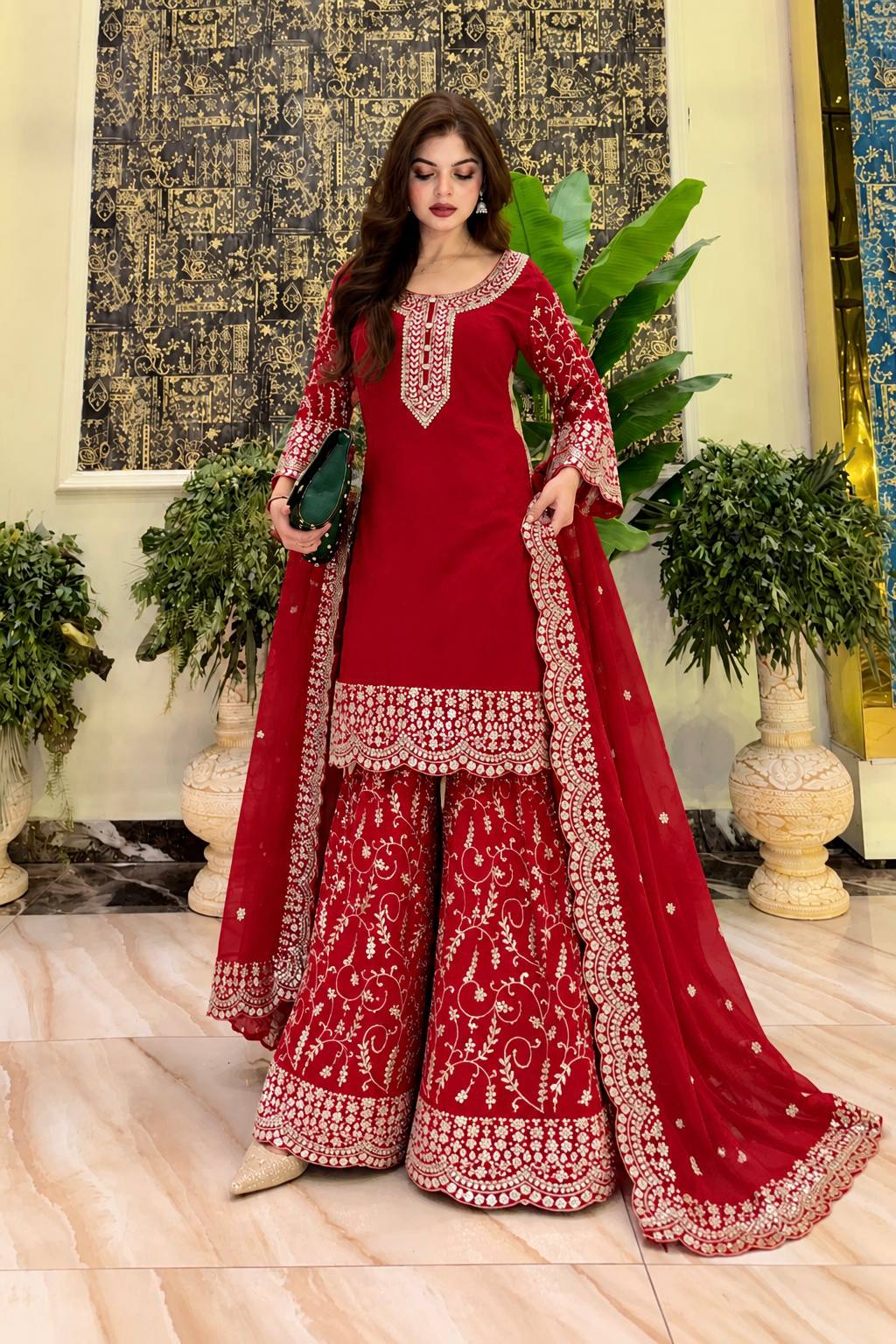 Red Embroidered Georgette Kurti Palazzo With Dupatta For Women - Festive & Partywear Outfit