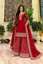 Red Embroidered Georgette Kurti Palazzo With Dupatta For Women - Festive & Partywear Outfit