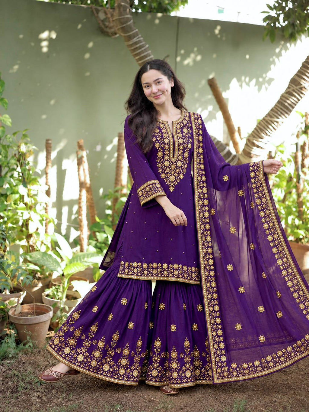 Embroidered Silk Kurti Sharara With Dupatta -  Perfect For Wedding & Festivals