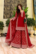 Red Embroidered Georgette Kurti Palazzo With Dupatta For Women - Festive & Partywear Outfit