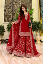 Red Embroidered Georgette Kurti Palazzo With Dupatta For Women - Festive & Partywear Outfit