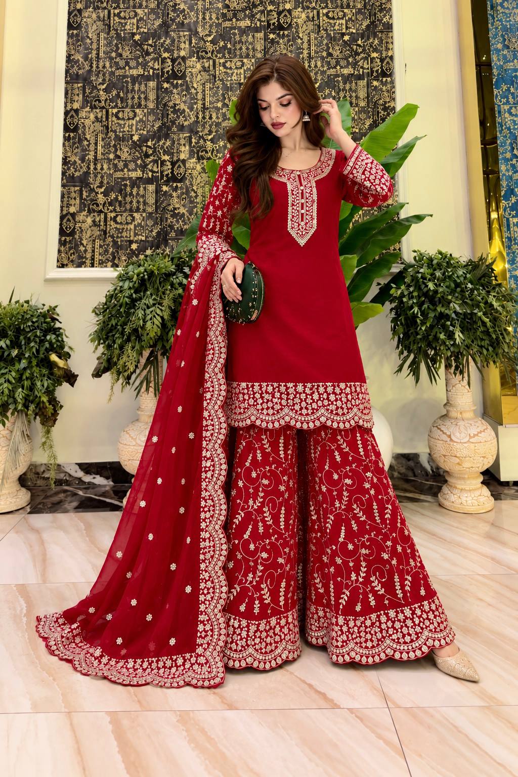 Red Embroidered Georgette Kurti Palazzo With Dupatta For Women - Festive & Partywear Outfit