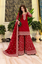Red Embroidered Georgette Kurti Palazzo With Dupatta For Women - Festive & Partywear Outfit