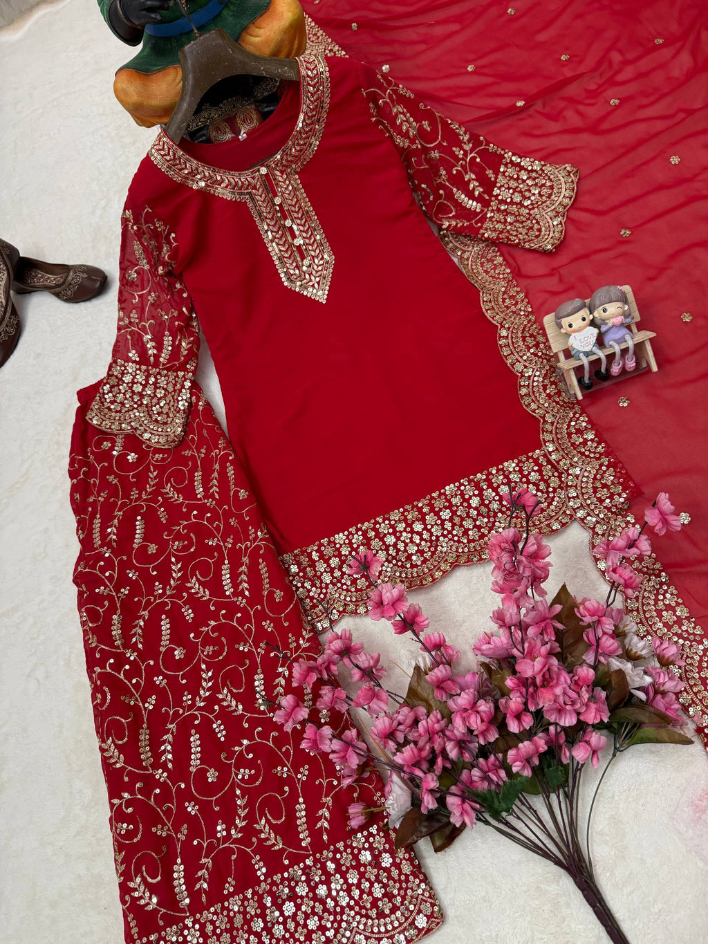 Red Embroidered Georgette Kurti Palazzo With Dupatta For Women - Festive & Partywear Outfit