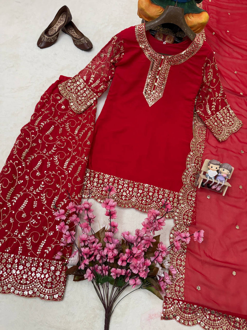 Red Embroidered Georgette Kurti Palazzo With Dupatta For Women - Festive & Partywear Outfit
