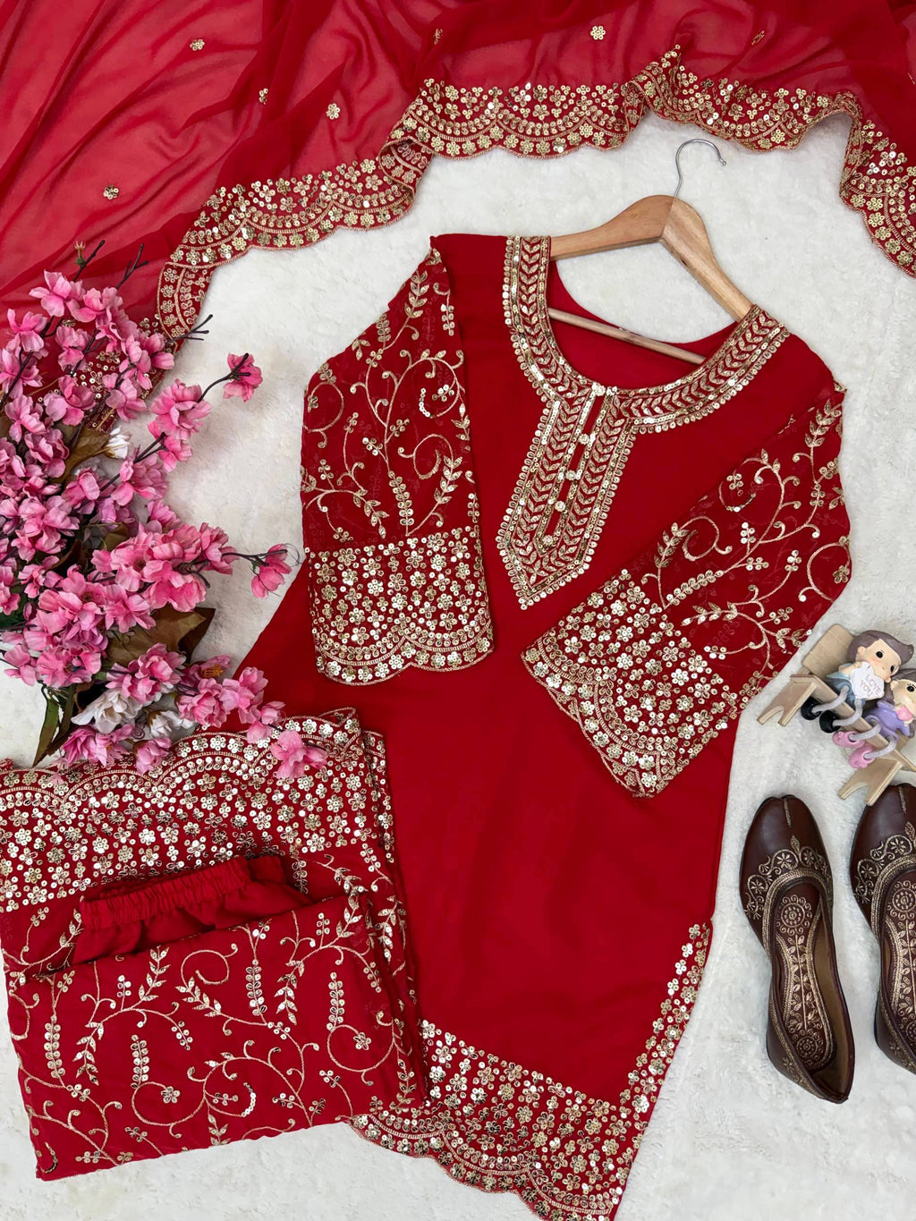 Red Embroidered Georgette Kurti Palazzo With Dupatta For Women - Festive & Partywear Outfit