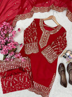 Red Embroidered Georgette Kurti Palazzo With Dupatta For Women - Festive & Partywear Outfit