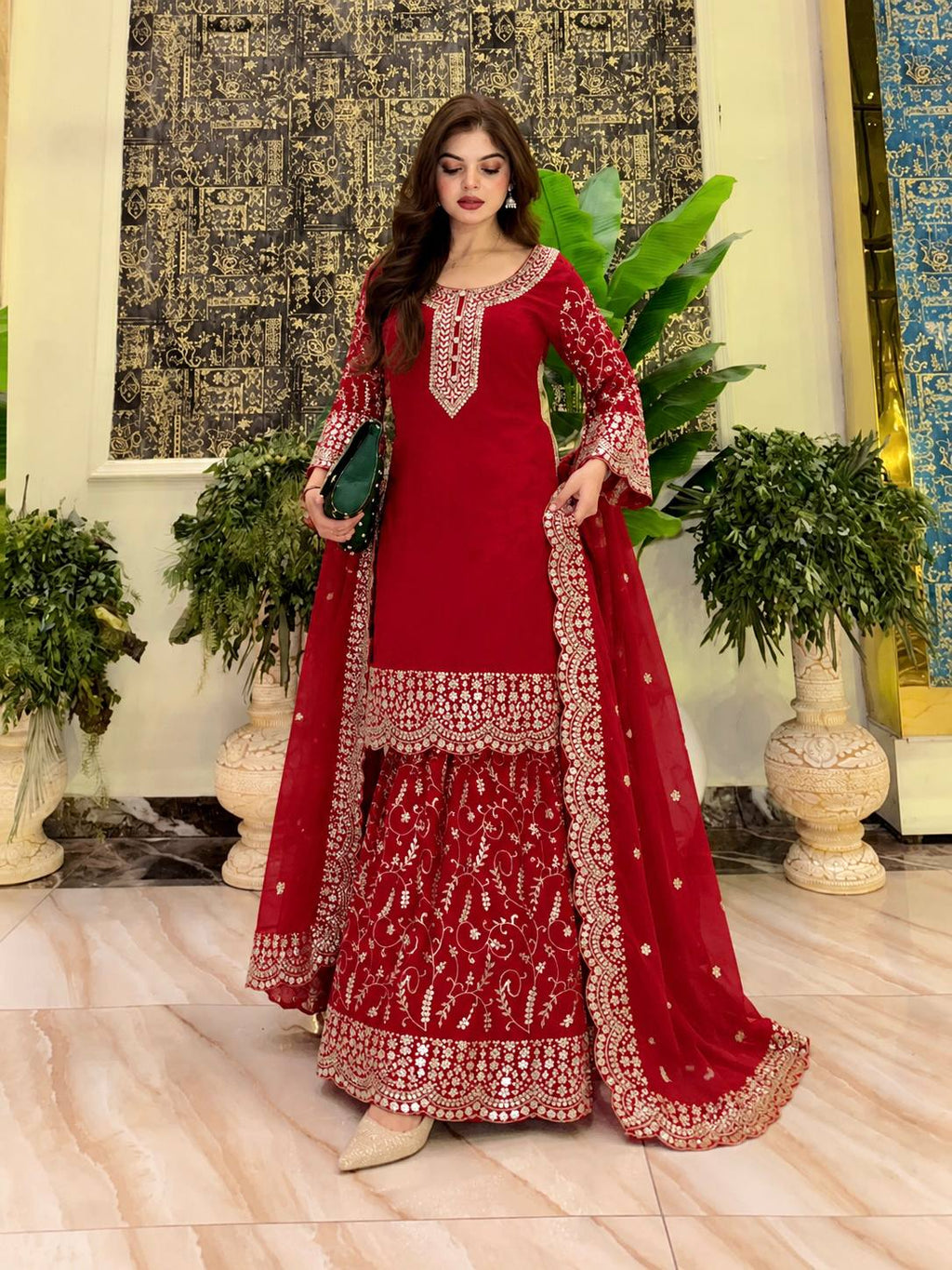 Red Embroidered Georgette Kurti Palazzo With Dupatta For Women - Festive & Partywear Outfit