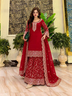 Red Embroidered Georgette Kurti Palazzo With Dupatta For Women - Festive & Partywear Outfit