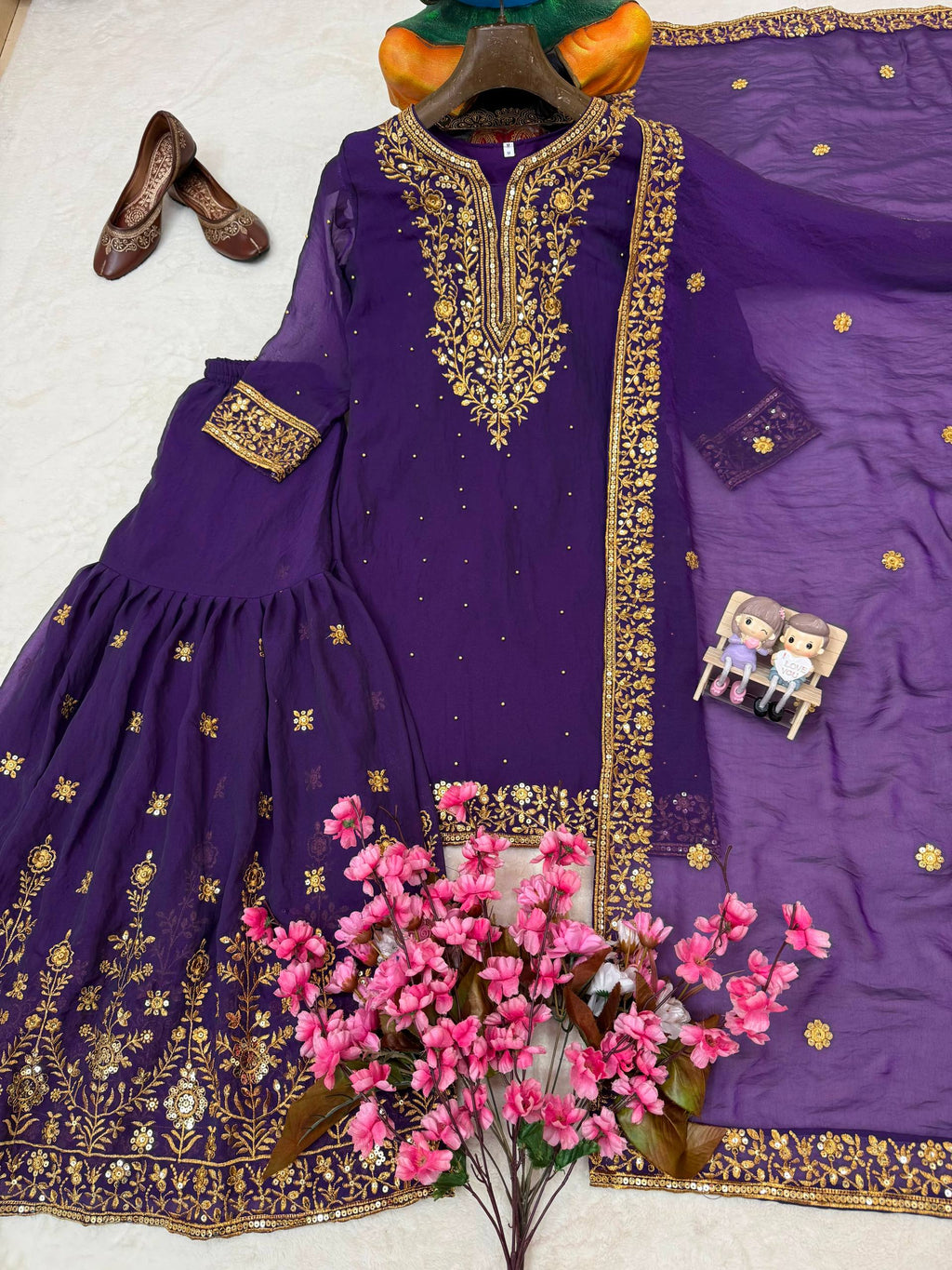 Embroidered Silk Kurti Sharara With Dupatta -  Perfect For Wedding & Festivals