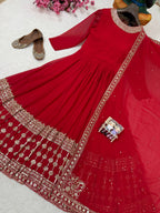 Red Georgette Sequence and Zari Work Anarkali Long Gown With Dupatta - Festive Wear