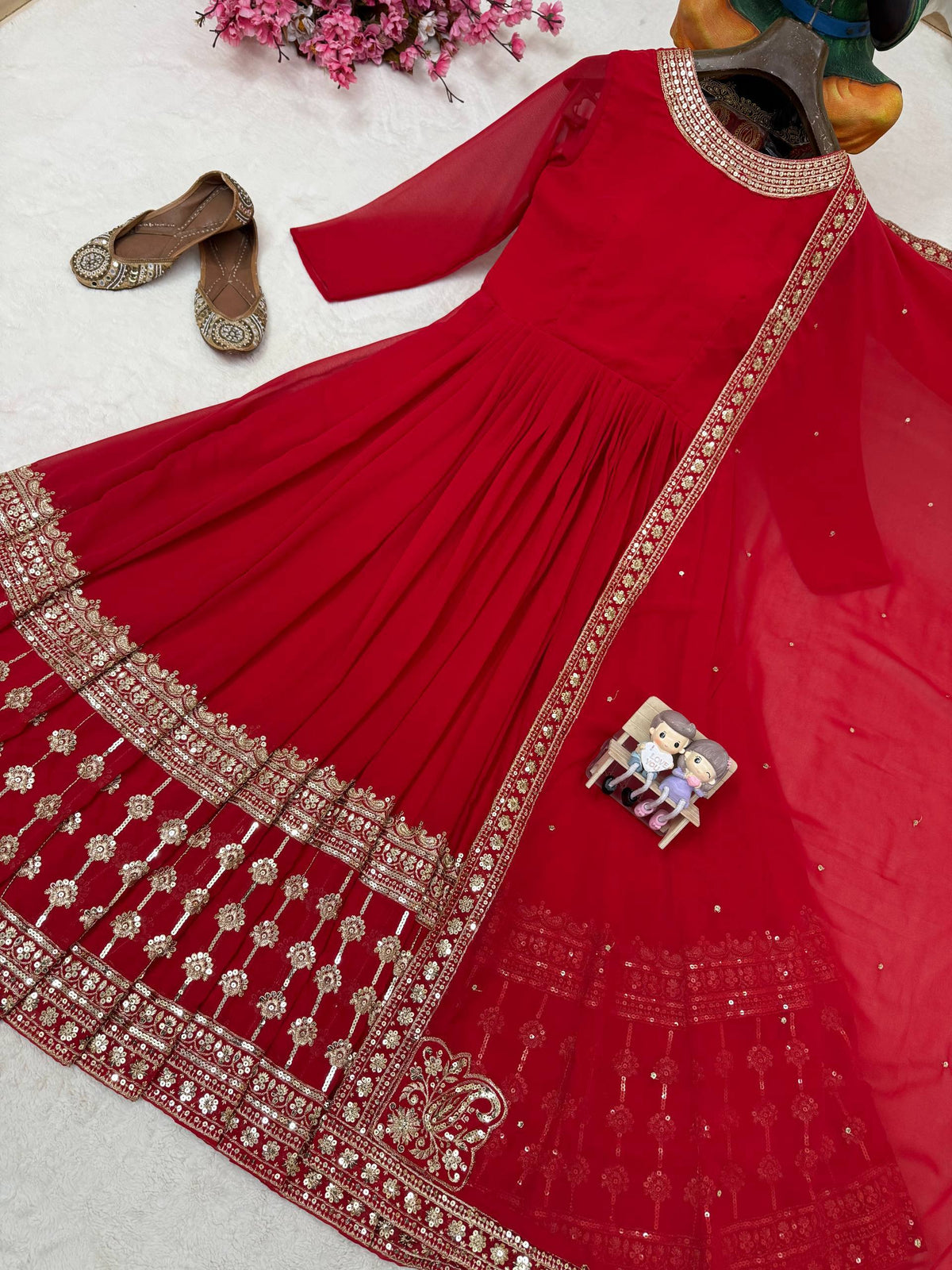 Red Georgette Sequence and Zari Work Anarkali Long Gown With Dupatta - Festive Wear