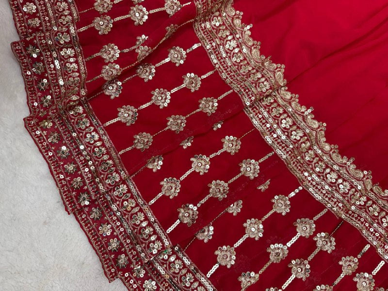 Red Georgette Sequence and Zari Work Anarkali Long Gown With Dupatta - Festive Wear