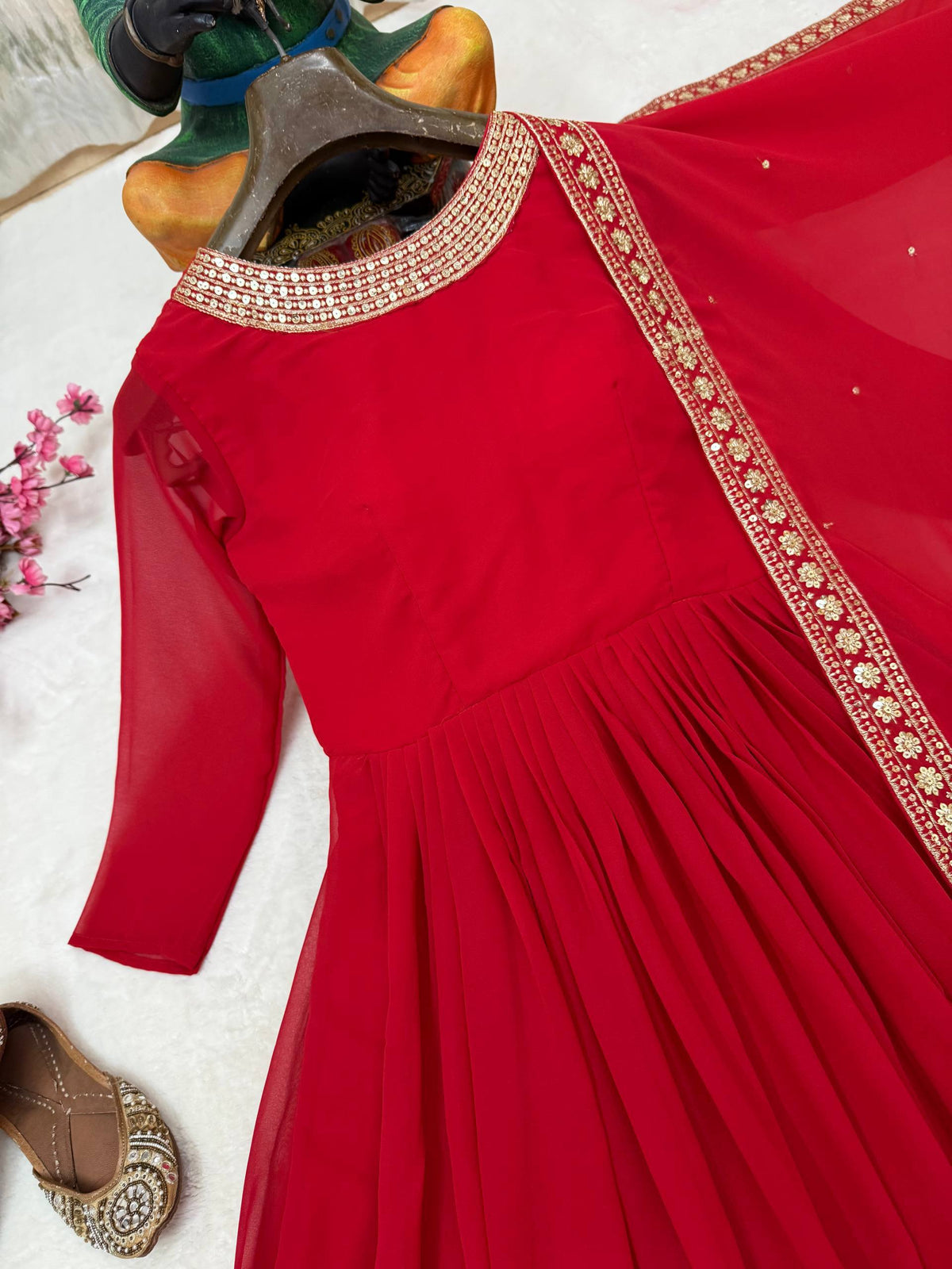 Red Georgette Sequence and Zari Work Anarkali Long Gown With Dupatta - Festive Wear