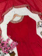 Red Georgette Sequence and Zari Work Anarkali Long Gown With Dupatta - Festive Wear