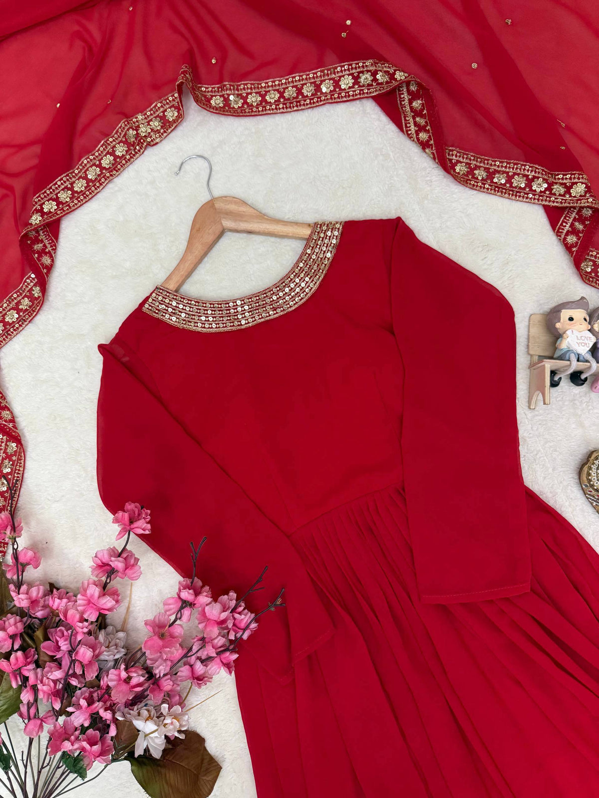 Red Georgette Sequence and Zari Work Anarkali Long Gown With Dupatta - Festive Wear