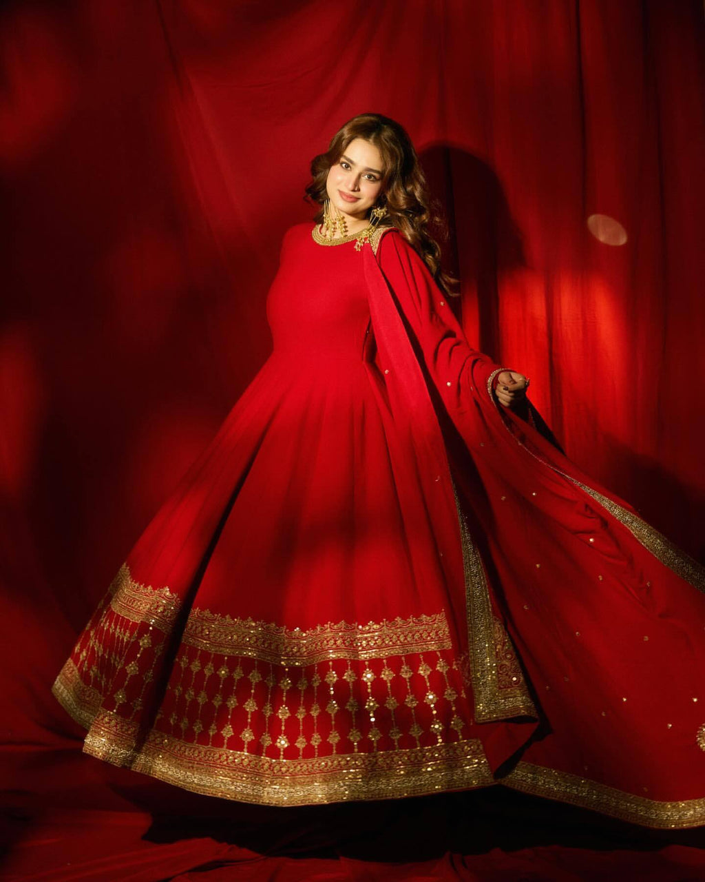 Red Georgette Sequence and Zari Work Anarkali Long Gown With Dupatta - Festive Wear