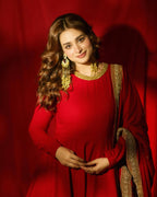 Red Georgette Sequence and Zari Work Anarkali Long Gown With Dupatta - Festive Wear