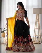 Yellow Navratri Embroidered Mirror Work Lehenga Choli With Dupatta For Garba night