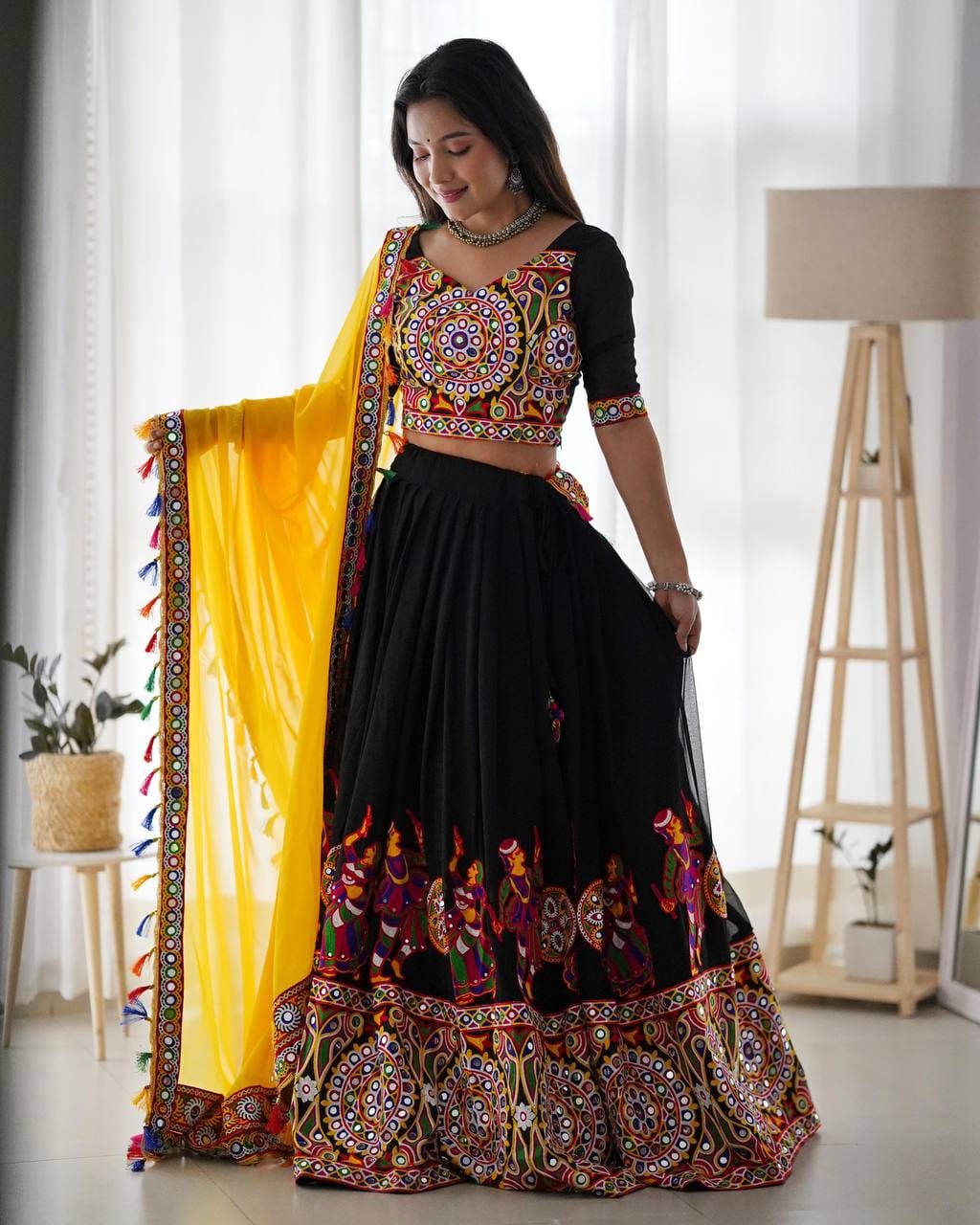 Yellow Navratri Embroidered Mirror Work Lehenga Choli With Dupatta For Garba night