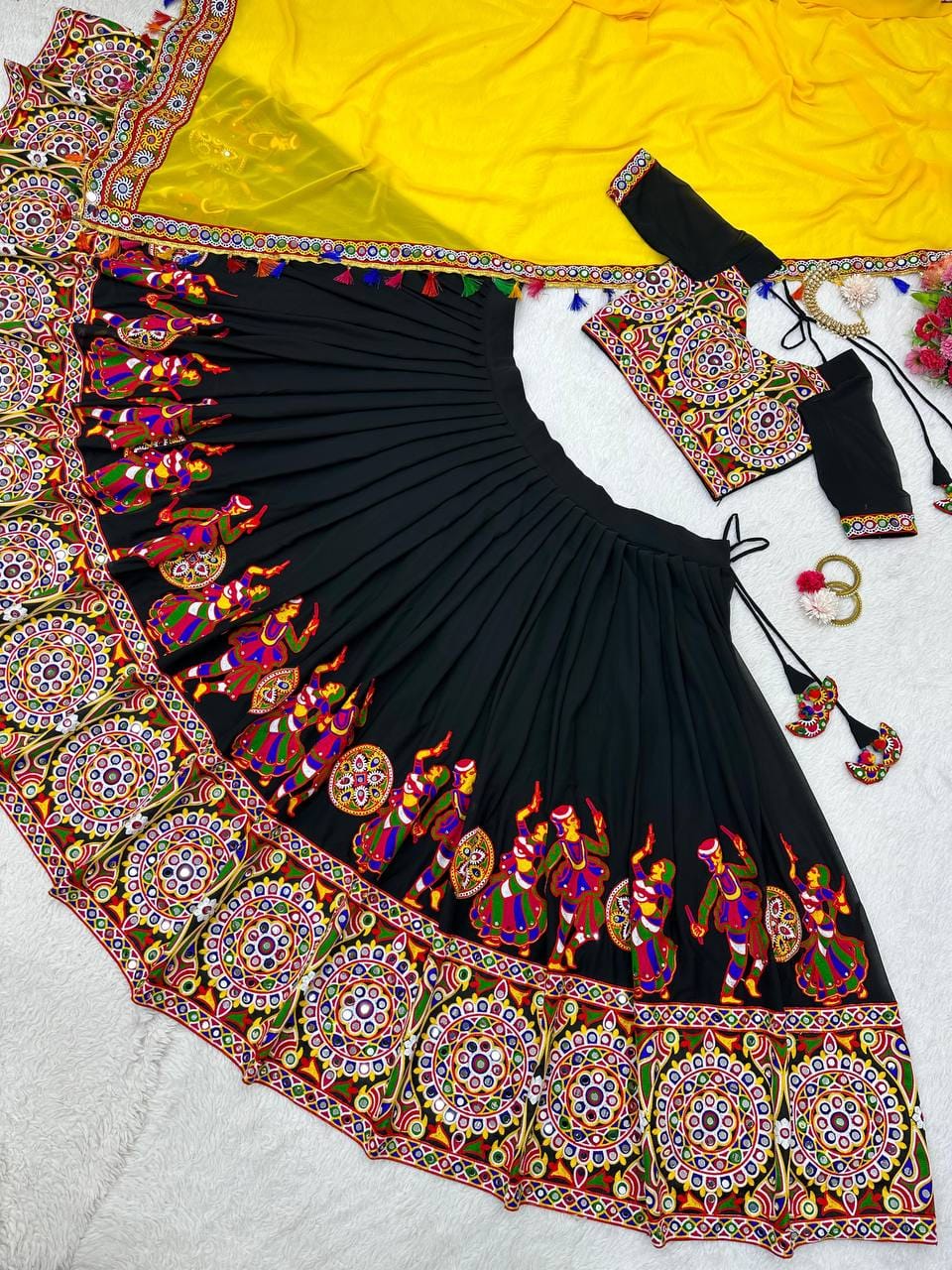 Yellow Navratri Embroidered Mirror Work Lehenga Choli With Dupatta For Garba night