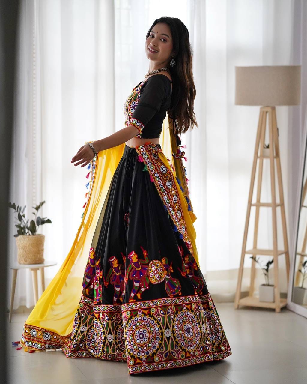 Yellow Navratri Embroidered Mirror Work Lehenga Choli With Dupatta For Garba night