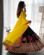 Yellow Navratri Embroidered Mirror Work Lehenga Choli With Dupatta For Garba night