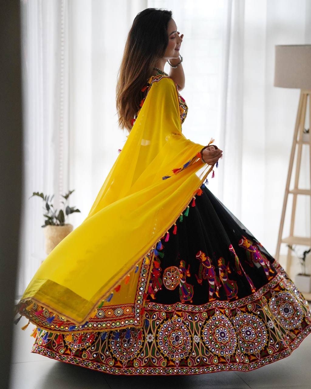 Yellow Navratri Embroidered Mirror Work Lehenga Choli With Dupatta For Garba night