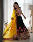 Yellow Navratri Embroidered Mirror Work Lehenga Choli With Dupatta For Garba night