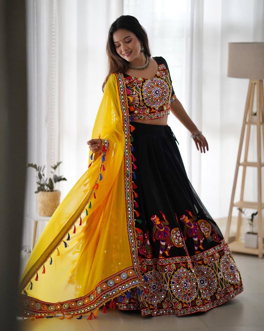 Yellow Navratri Embroidered Mirror Work Lehenga Choli With Dupatta For Garba night