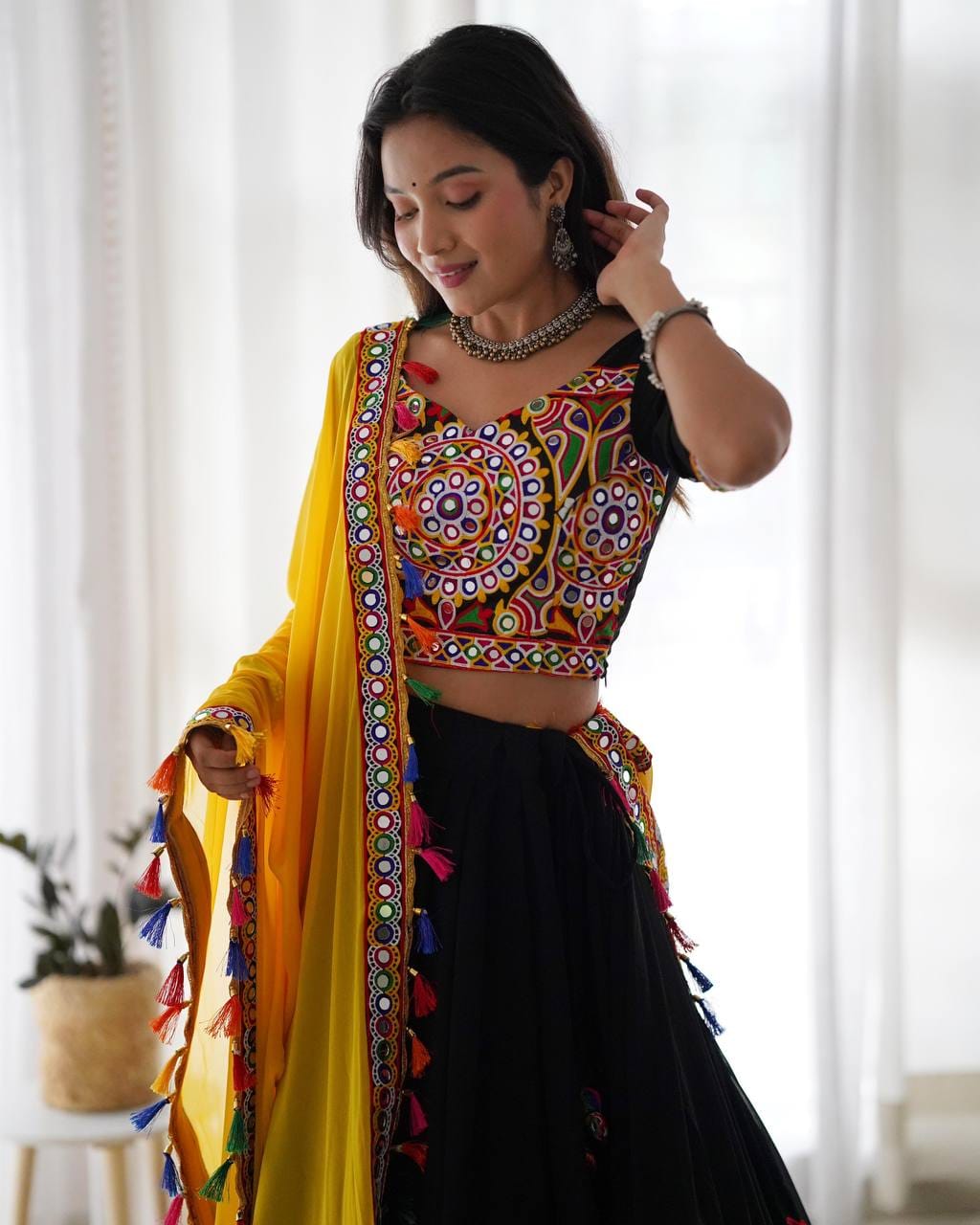 Yellow Navratri Embroidered Mirror Work Lehenga Choli With Dupatta For Garba night