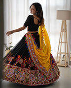 Yellow Navratri Embroidered Mirror Work Lehenga Choli With Dupatta For Garba night