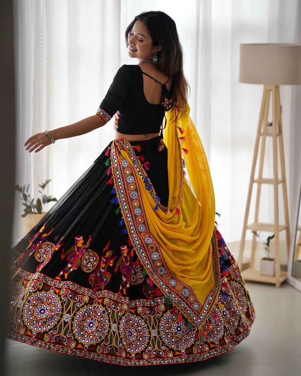 Yellow Navratri Embroidered Mirror Work Lehenga Choli With Dupatta For Garba night