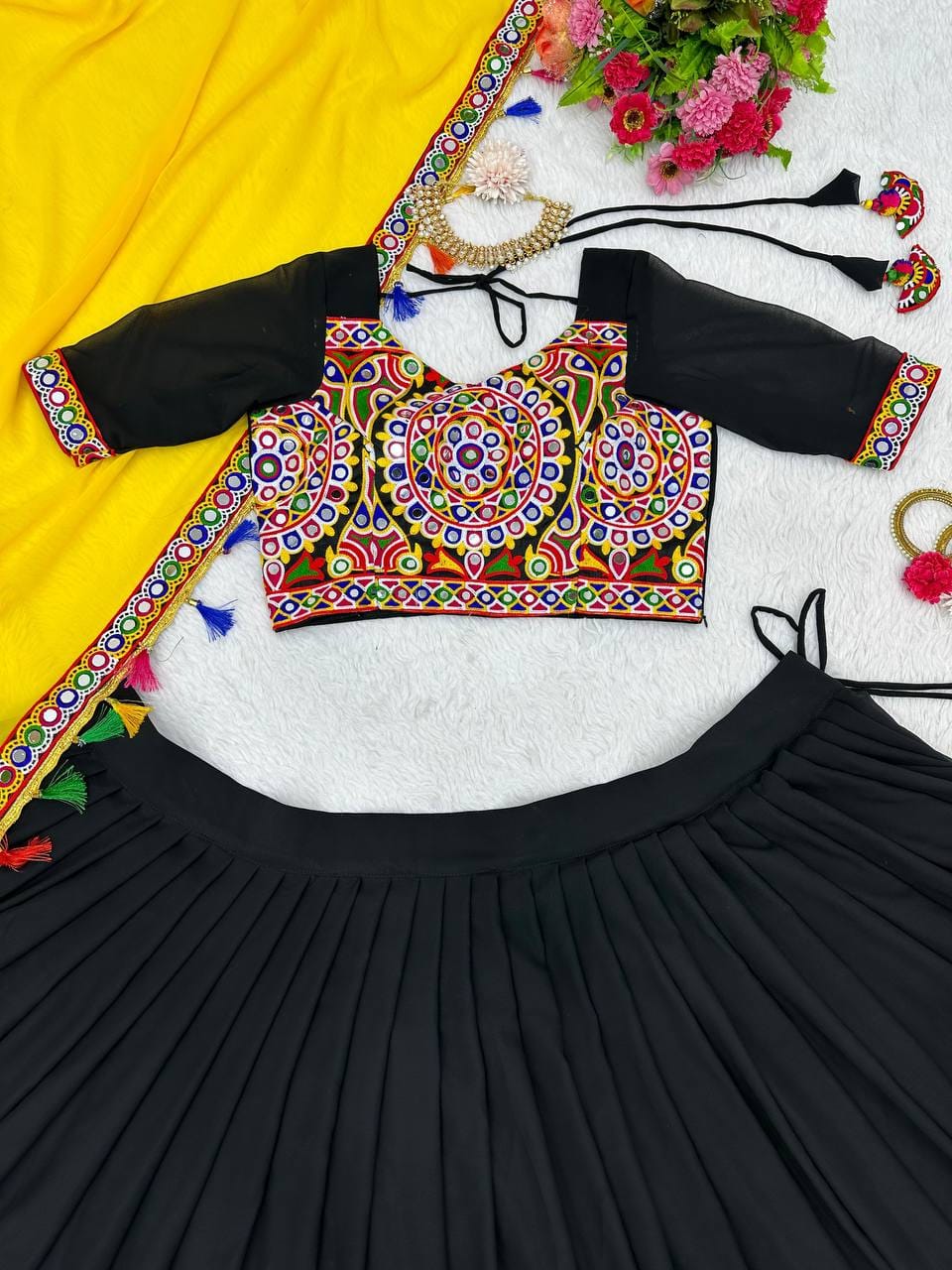 Yellow Navratri Embroidered Mirror Work Lehenga Choli With Dupatta For Garba night