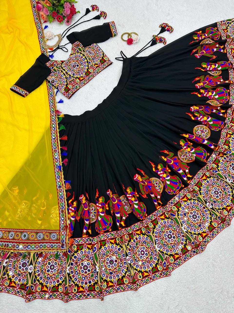 Yellow Navratri Embroidered Mirror Work Lehenga Choli With Dupatta For Garba night