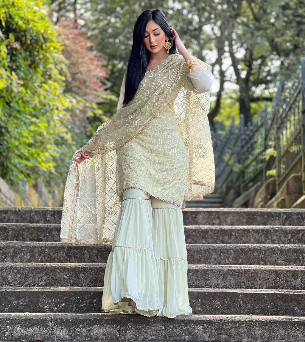 Mint Green Embroidered Sharara set Readymade