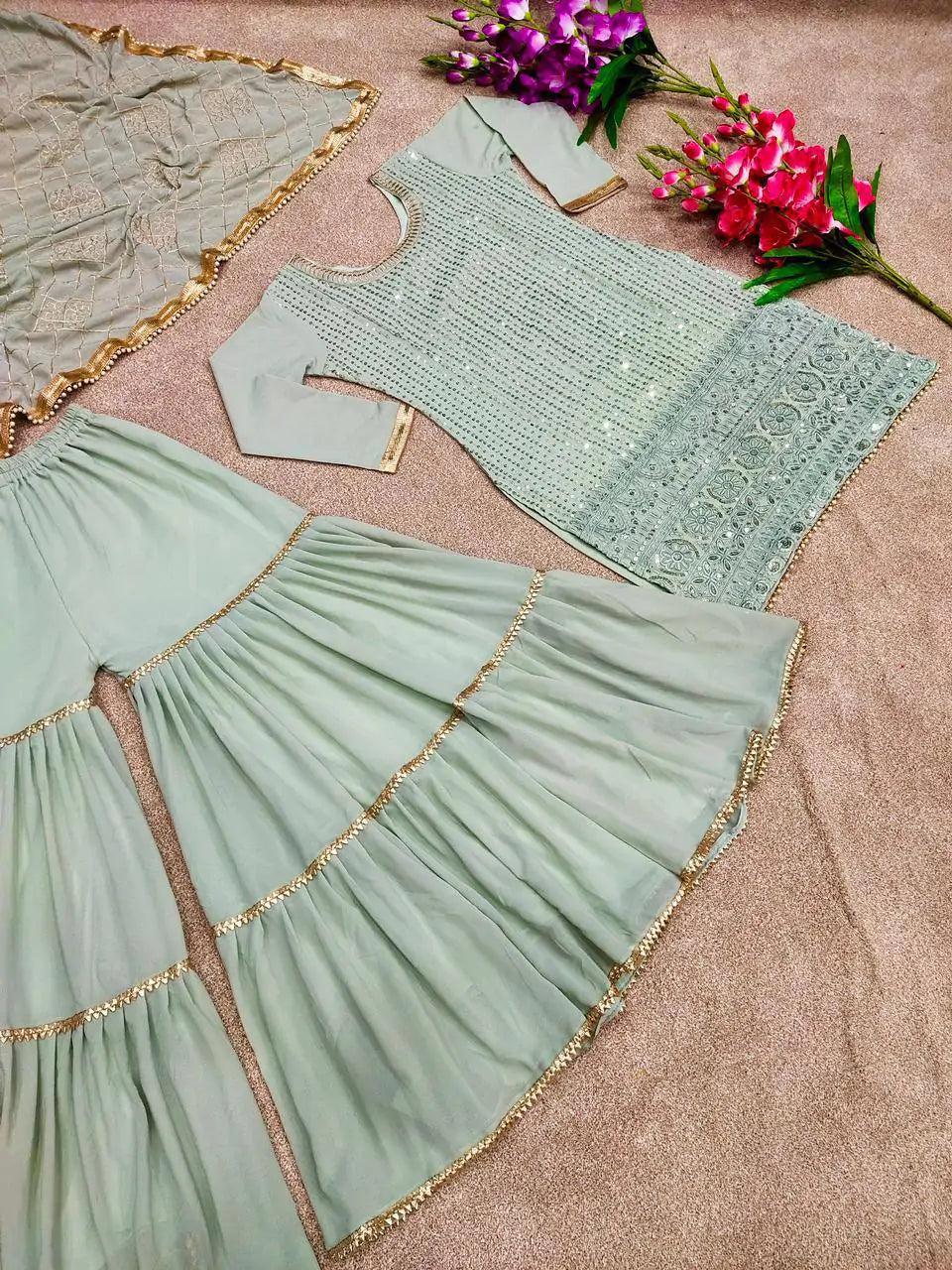 Mint Green Embroidered Sharara set Readymade